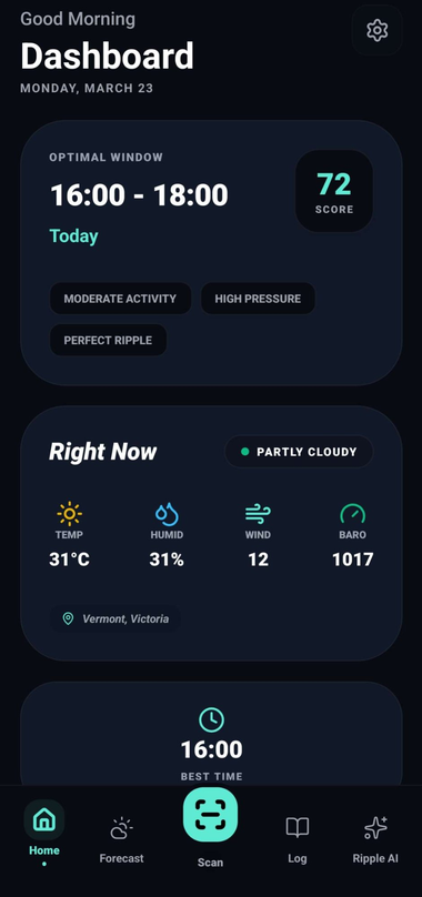 Ripple dashboard showing the optimal fishing window, conditions score, and live weather.